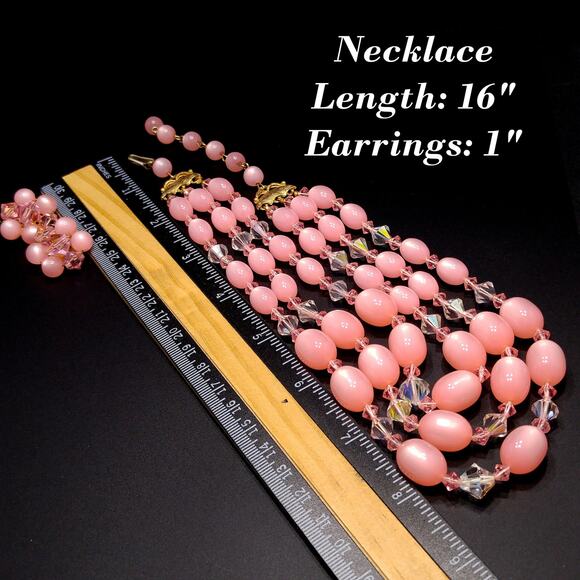 Vintage Japan Pink Beaded Necklace Earrings, Moonglow Lucite Crystal , 1950s - Picture 4 of 10